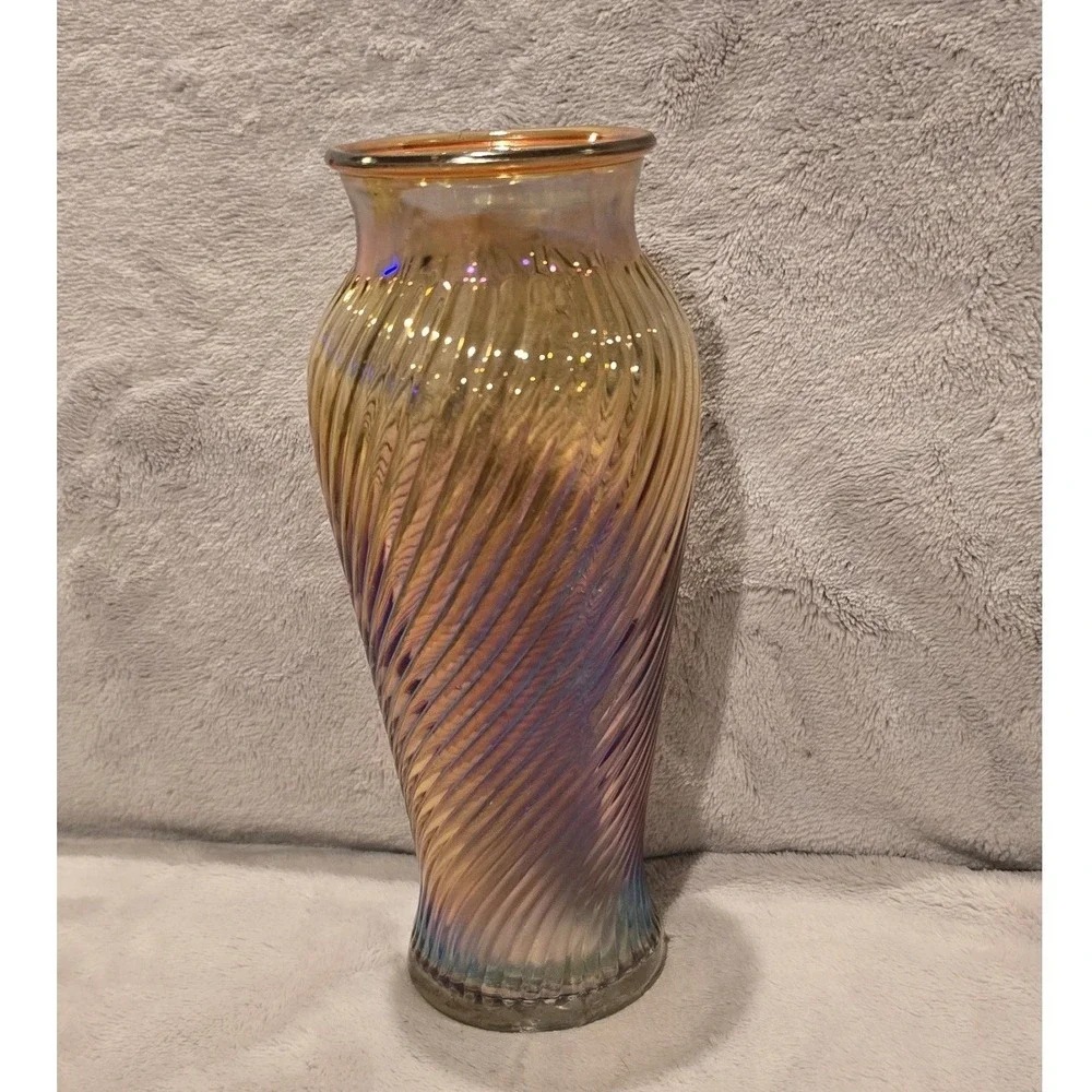 Vintage Amber Iridescent Carnival Glass Swirl Optic Vase Decorative Centerpiece